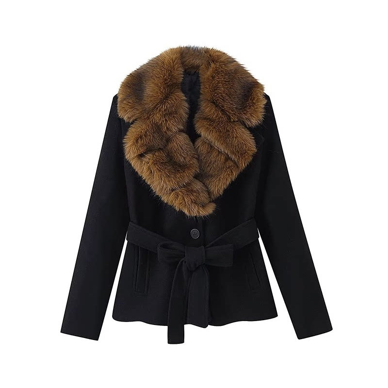 Short black belted coat with brown faux fur collar, front view