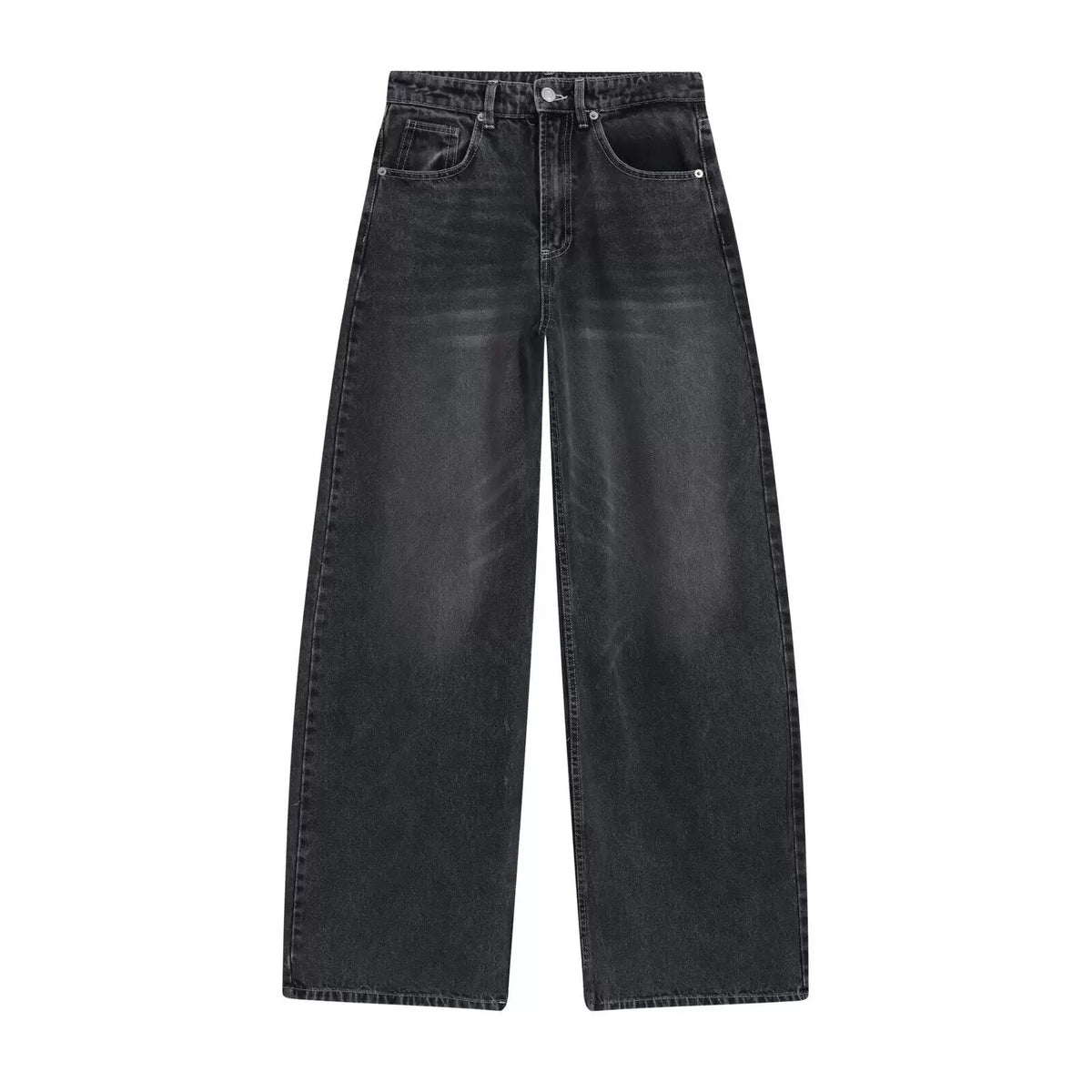 Dark grey high-waist wide-leg denim-look trousers