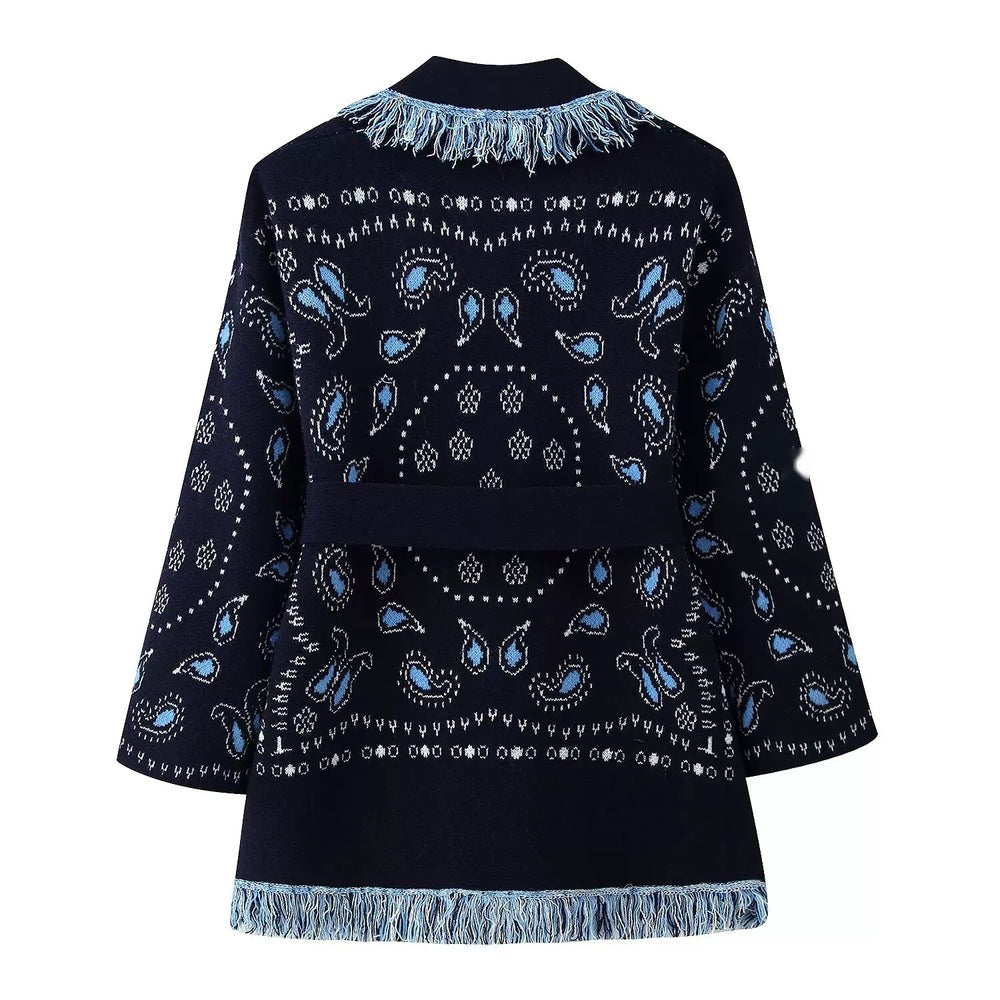 Navy paisley knit jacket, back view
