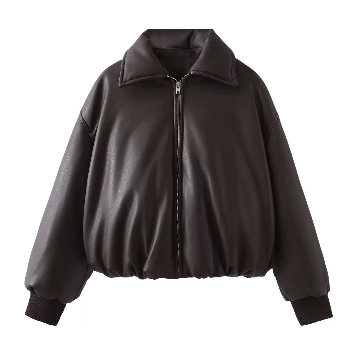 Brown padded faux leather bomber jacket, front view