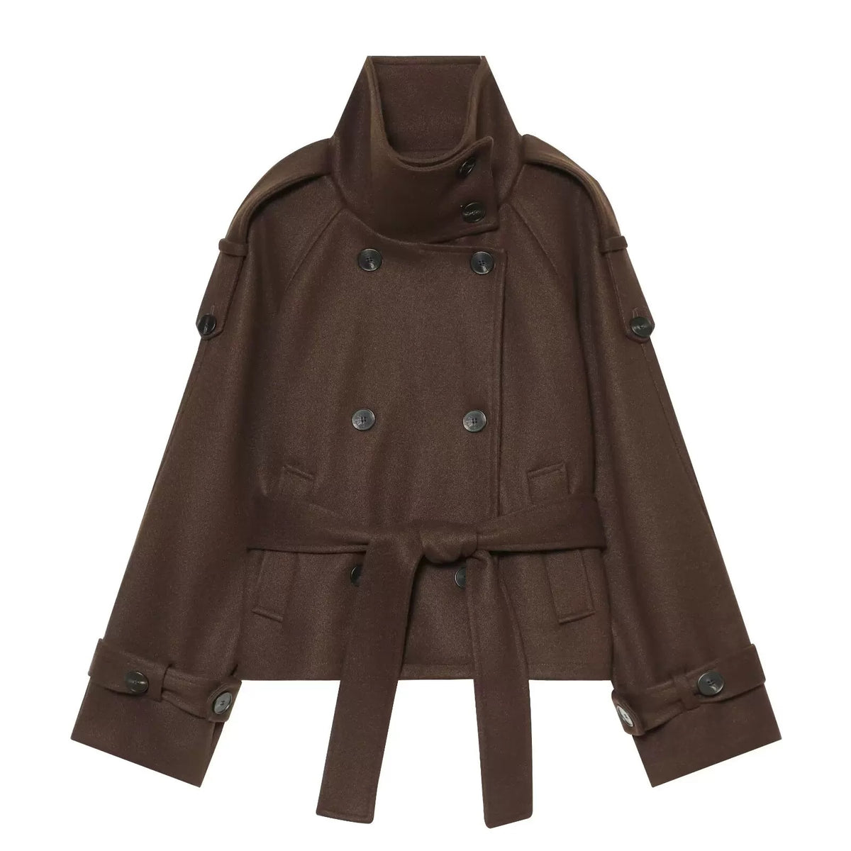 Dark brown short double-breasted belted jacket, front view