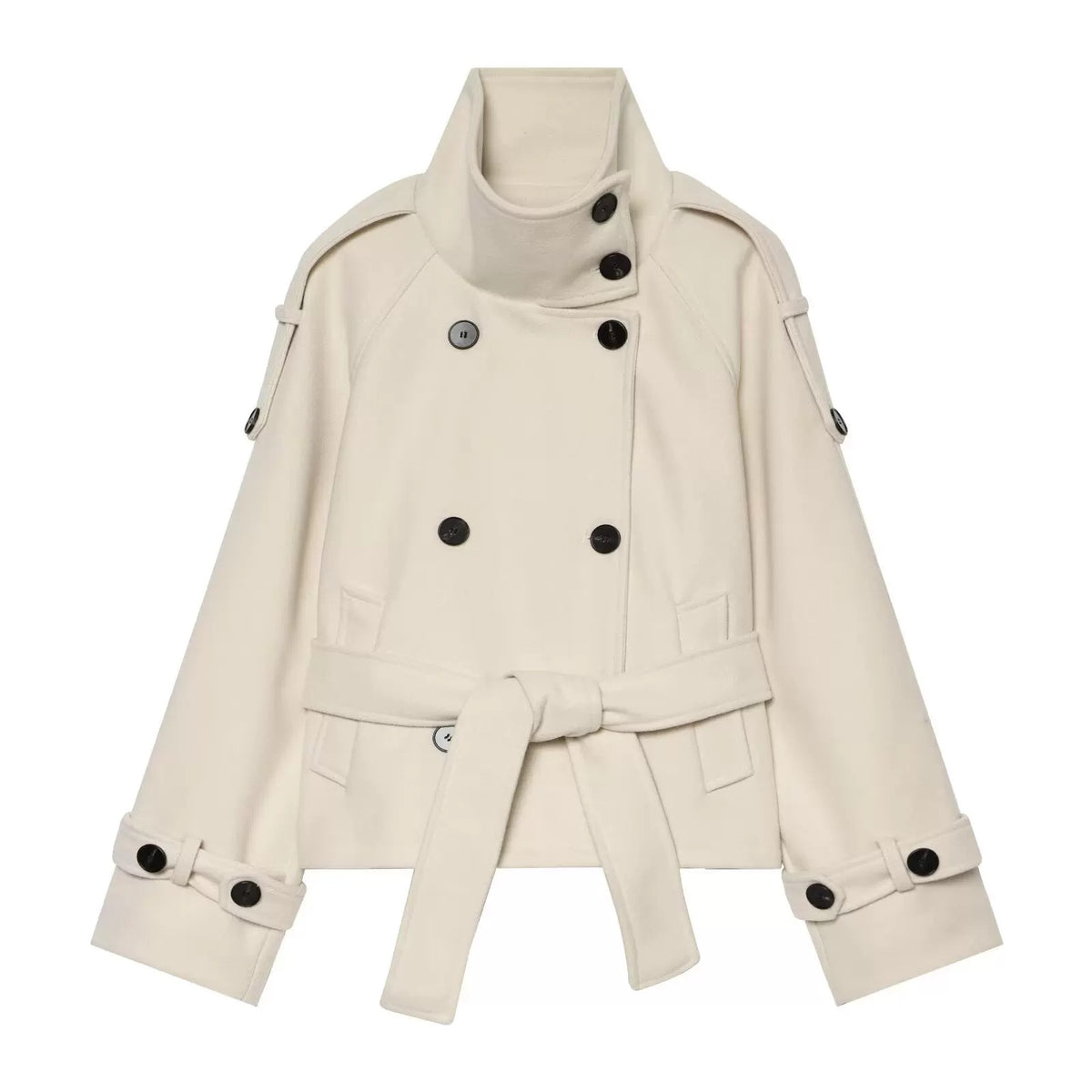 Off-white short double-breasted belted jacket, front view