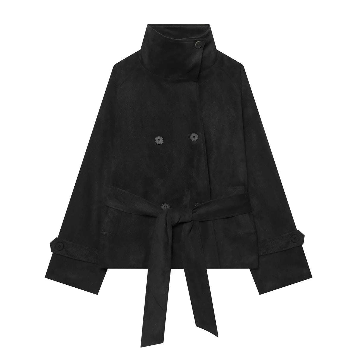 Black faux suede belted jacket with wide collar, front view