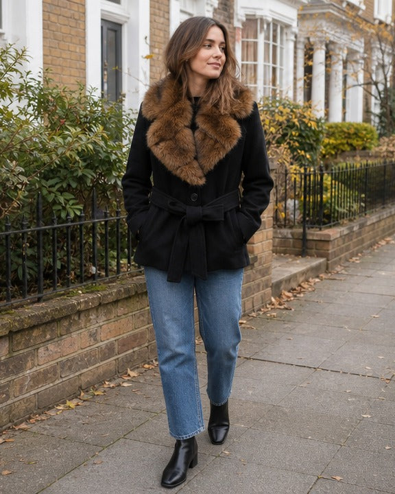 Short belted coat with faux fur collar styled on a model (AI-generated image)