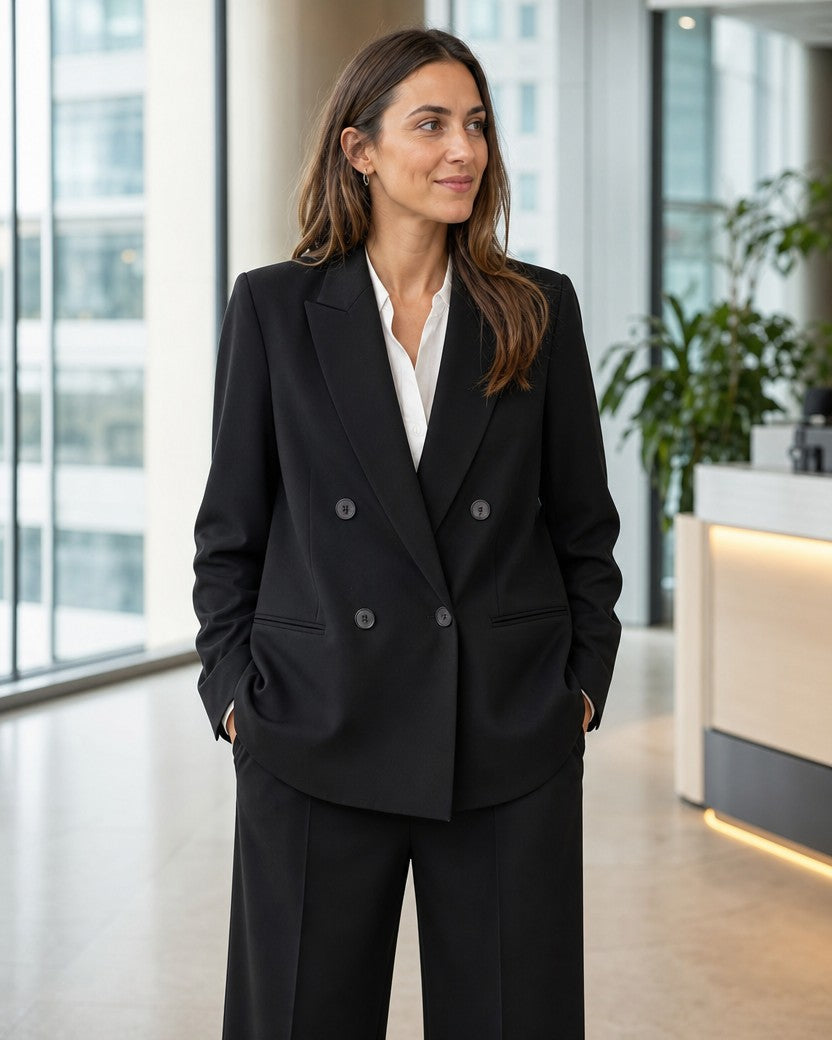 Black double-breasted blazer styled on a model (AI-generated image)