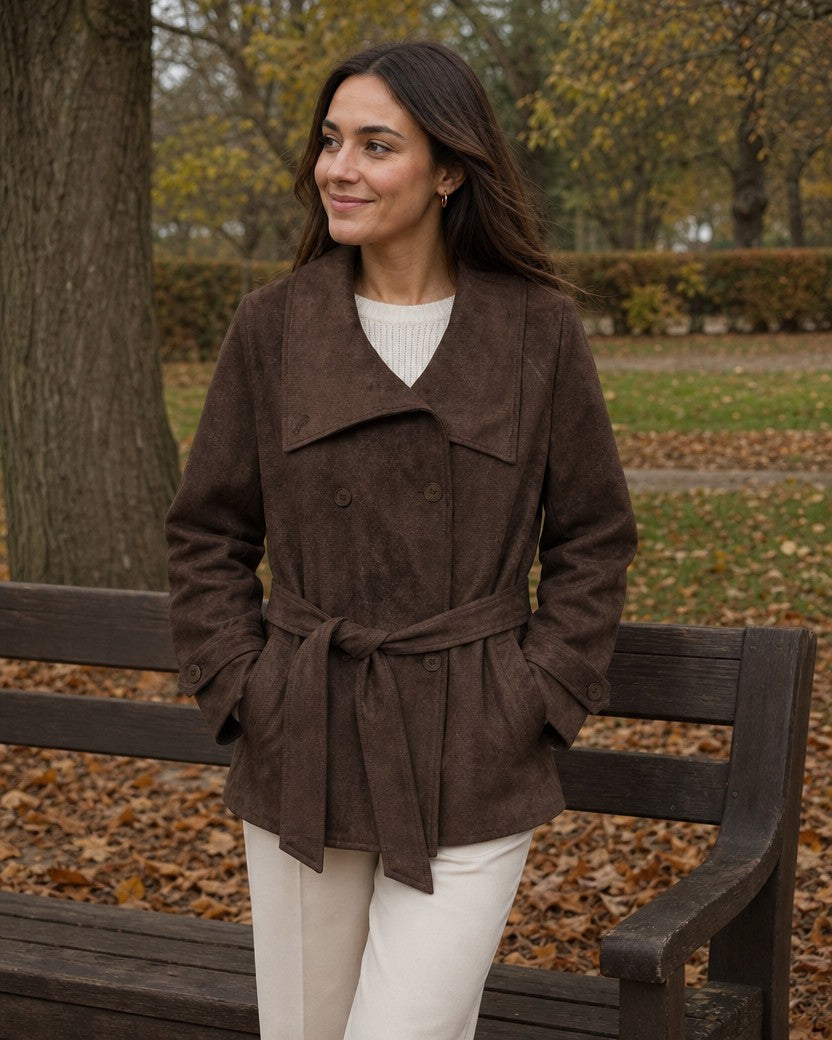 Dark brown faux suede belted jacket with wide collar styled on a model (AI-generated image)