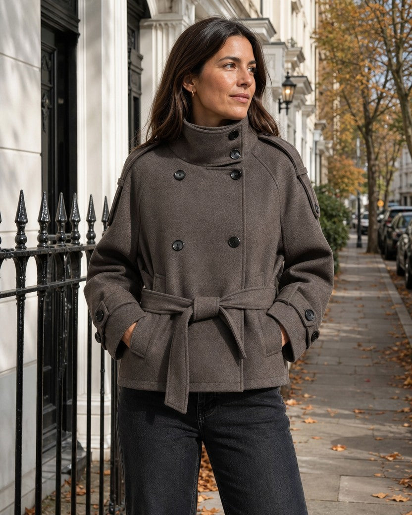 Taupe short double-breasted belted jacket styled on a model (AI-generated image)