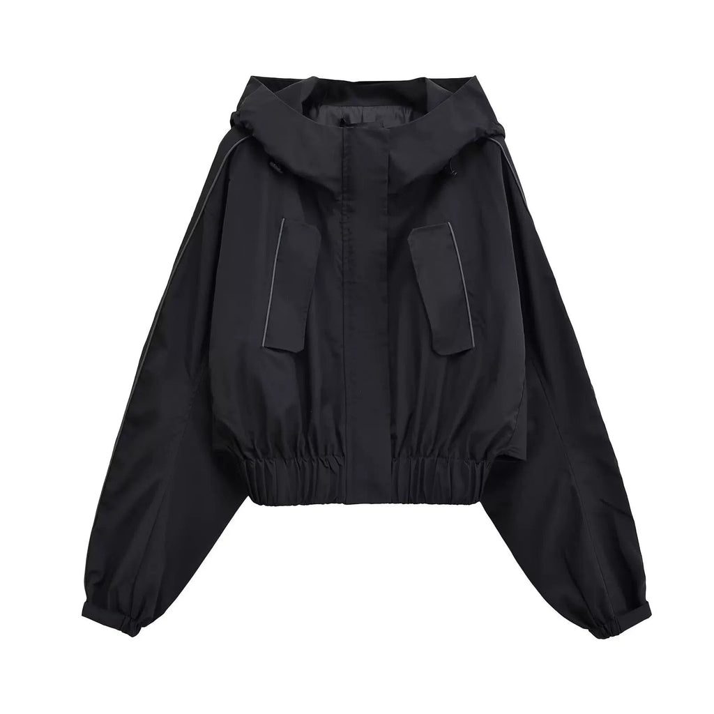 Black hooded cropped windbreaker jacket, front view